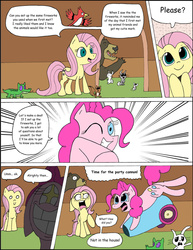 Size: 1024x1325 | Tagged: safe, artist:average-00, angel bunny, fluttershy, gummy, harry, pinkie pie, bird, mouse, pony, comic:opposites, g4, comic, party cannon