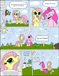 Size: 1024x1325 | Tagged: safe, artist:average-00, angel bunny, fluttershy, gummy, harry, pinkie pie, pony, comic:opposites, g4, comic, fireworks, party cannon