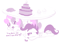 Size: 1000x759 | Tagged: safe, artist:dstears, scootaloo, sweetie belle, pegasus, pony, unicorn, call of the cutie, g4, blank flank, cake, cookie, cupcake, dialogue, duo, female, filly, floppy ears, foal, food, hiding, limited palette, lying down, monochrome, open mouth, prone, reference, scene interpretation, simple background, table, talking, white background