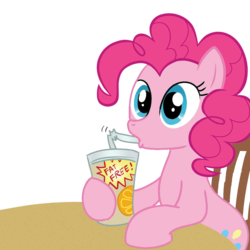 Size: 1000x1000 | Tagged: safe, artist:madmax, artist:pinkiepiemike, edit, pinkie pie, earth pony, pony, g4, art theft, chair, drink, drinking, female, mare, simple background, sitting, solo, table, transparent background