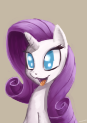 Size: 1700x2400 | Tagged: safe, artist:kanashiipanda, rarity, pony, unicorn, g4, brown background, bust, female, mare, no pupils, open mouth, portrait, simple background, smiling, solo, tongue out