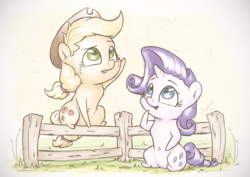 Size: 1440x1018 | Tagged: safe, artist:assasinmonkey, part of a set, applejack, rarity, g4, apples & gems calendar, chibi, fence