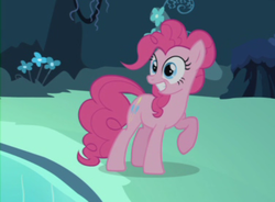 Size: 751x554 | Tagged: safe, screencap, pinkie pie, earth pony, pony, g4, too many pinkie pies, cave, cave pool, clone, cropped, female, magic mirror pond, mare, mirror pool, pinkie clone, raised hoof, solo