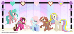 Size: 1280x586 | Tagged: safe, artist:seiani, oc, oc only, oc:dream wish, oc:french macaron, oc:spectrum flash, oc:tranquility, earth pony, pegasus, pony, unicorn, female, flying, food, macaron, mare