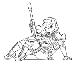 Size: 3241x2703 | Tagged: safe, artist:siden, oc, oc only, oc:frosty winds, pegasus, anthro, fallout equestria: memories, binoculars, female, gun, high res, looking at you, monochrome, rifle, sniper rifle, solo, weapon, x-com