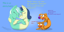 Size: 4728x2384 | Tagged: safe, artist:megaanimationfan, bon bon, lyra heartstrings, sweetie drops, g4, annoyed, boop, catdog, conjoined, crossover, eyes closed, fangs, female, floppy ears, frown, fusion, glare, grin, happy, hug, lesbian, lyrabon (fusion), misspelling, nickelodeon, noseboop, pushmi-pullyu, ship:lyrabon, shipping, signature, smiling, unamused