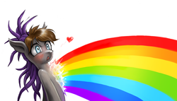 Size: 1200x685 | Tagged: safe, artist:miszasta, oc, oc only, blushing, heart, heart attack, ponysona, rainbow, simple background, solo, white background