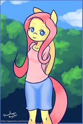 Size: 800x1200 | Tagged: safe, artist:drantyno, fluttershy, anthro, g4, arm behind back, clothes, cute, female, gijinka, looking at you, no pupils, shirt, shyabetes, signature, skirt, smiling, solo