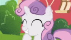 Size: 480x270 | Tagged: safe, screencap, diamond tiara, sweetie belle, earth pony, pony, unicorn, g4, twilight time, animated, confused, daydream, duo, female, filly, gif, laughing, oblivious, sweetiedumb