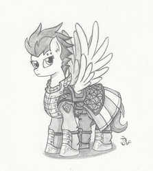 Size: 800x896 | Tagged: safe, artist:sensko, pegasus, pony, armor, black and white, clothes, grayscale, military, monochrome, pencil drawing, redesign, soldier, solo, traditional art, twilight's royal guard, uniform, wonderbolts