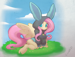 Size: 1280x968 | Tagged: safe, artist:crombiettw, edit, fluttershy, anthro, unguligrade anthro, g4, bottomless, breasts, bunny ears, busty fluttershy, clothes, costume, cute, dangerous mission outfit, female, heart eyes, hoodie, kneeling, looking at you, open mouth, questionable source, shyabetes, solo, wingding eyes