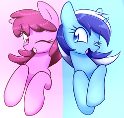 Size: 1152x1100 | Tagged: safe, artist:acersiii, berry punch, berryshine, minuette, earth pony, pony, unicorn, g4, female, lesbian, ship:berrygate, shipping, smiling, wink