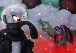 Size: 1253x878 | Tagged: safe, artist:faith-wolff, aria blaze, fanfic:the bridge, equestria girls, g4, clothes, crossover, duo, equestria girls-ified, female, godzilla (series), kaiju human, male, monster x, red eyes, scarf, snow, x-aria