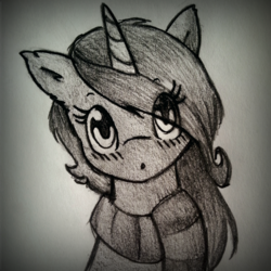 Size: 911x912 | Tagged: safe, artist:sophiepl, oc, oc only, pony, unicorn, blushing, clothes, scarf, solo, traditional art