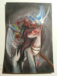 Size: 1224x1632 | Tagged: safe, artist:hachetteenlightaned, axe, horns, red eyes, scythe, solo, traditional art