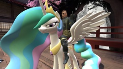 Size: 1191x670 | Tagged: safe, artist:juanv20, princess celestia, alicorn, human, pony, g4, 3d, 3d model, big boss, crossover, duo, duo male and female, female, gmod, male, metal gear, metal gear solid, team fortress 2