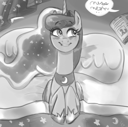 Size: 843x840 | Tagged: safe, artist:ehfa, princess luna, alicorn, pony, bed, bedtime story, blushing, book, cute, excited, female, grayscale, grin, happy, lip bite, lunabetes, mare, monochrome, offscreen character, on back, reading, semi pov, smiling, solo, speech bubble
