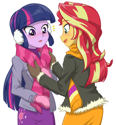 Size: 860x930 | Tagged: safe, artist:ta-na, sunset shimmer, twilight sparkle, equestria girls, g4, blushing, clothes, coat, cute, earmuffs, female, jacket, mittens, open mouth, scarf, shimmerbetes, skirt, smiling, twiabetes