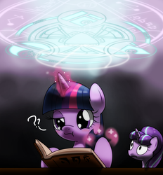 Size: 1040x1120 | Tagged: safe, artist:hoyeechun, starlight glimmer, twilight sparkle, pony, g4, book, bust, female, glowing horn, horn, magic, magic circle, mare, portrait, question mark, reading, s5 starlight, the elder scrolls