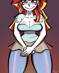 Size: 650x800 | Tagged: safe, artist:mojot, sunset shimmer, human, g4, breasts, busty sunset shimmer, cleavage, clothes, daily sunset, female, humanized, leggings, solo