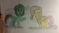 Size: 1024x576 | Tagged: safe, artist:deon miller, fluttershy, oc, oc:vanna melon, pony, g4, quote, wink