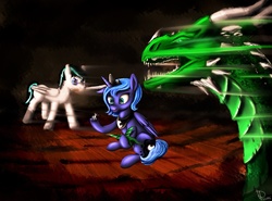 Size: 4500x3324 | Tagged: safe, artist:lightningdasher, princess luna, oc, oc:lightning dasher, dragon, g4, female, fight, filly, imagination, playing