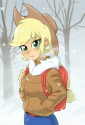 Size: 800x1175 | Tagged: safe, artist:ta-na, applejack, human, equestria girls, g4, applejack's hat, backpack, blushing, breath, clothes, coat, cowboy hat, cute, denim skirt, female, forest, hat, jackabetes, looking at you, open mouth, skirt, snow, snowfall, solo, stetson, tree, winter