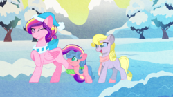 Size: 1280x720 | Tagged: safe, artist:ask-rebellious-cadence, meadowlark, melody, princess cadance, earth pony, pony, g1, g4, my little pony tales, clothes, g1 to g4, generation leap, hat, scarf, snow, wink, winter