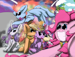 Size: 1024x768 | Tagged: safe, artist:firefanatic, applejack, fluttershy, pinkie pie, rainbow dash, rarity, twilight sparkle, alicorn, classical unicorn, pony, g4, alternate hairstyle, big grin, female, fluffy, horn, hug, leonine tail, mare, twilight sparkle (alicorn), winghug