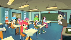 Size: 1263x716 | Tagged: safe, screencap, apple bloom, bright idea, cherry crash, cranky doodle donkey, heath burns, scootaloo, snails, snips, sweetie belle, velvet sky, equestria girls, g4, my little pony equestria girls: friendship games, background human, boots, chalk, chalkboard, classroom, clothes, desk, jeans, looking at something, looking up, pants, school, shirt, shoes, skirt