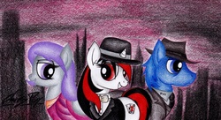 Size: 1024x558 | Tagged: safe, artist:thechrispony, oc, oc only, oc:blackjack, oc:morning glory (project horizons), oc:p-21, fallout equestria, fallout equestria: project horizons, boardwalk empire, clothes, crossover, gangster, hat, suit, traditional art