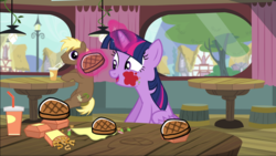 Size: 2214x1246 | Tagged: safe, edit, screencap, twilight sparkle, alicorn, pony, g4, female, food, mare, meat, ponies eating meat, scribblenauts, steak, that pony sure does love burgers, twilight burgkle, twilight sparkle (alicorn)