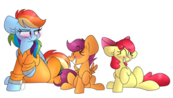 Size: 2106x1200 | Tagged: safe, artist:korgikardigan, apple bloom, rainbow dash, scootaloo, earth pony, pony, g4, blushing, bound wings, clothes, cuffs, embarrassed, laughing, prison outfit, prisoner rd, shackles, simple background, smiling, transparent background, trio