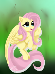 Size: 606x810 | Tagged: safe, artist:nellun, fluttershy, g4, female, floating, looking up, pointing, singing, solo, spread wings
