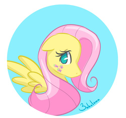 Size: 1024x954 | Tagged: safe, artist:zaballama, fluttershy, g4, bust, button, cutie mark, female, floppy ears, looking at you, no mouth, no pupils, simple background, solo, spread wings