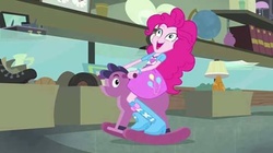 Size: 552x310 | Tagged: safe, screencap, pinkie pie, a case for the bass, equestria girls, g4, my little pony equestria girls: rainbow rocks, balloon, boots, bracelet, clothes, female, high heel boots, horsie, jewelry, maximum overdrive, open mouth, rocking horse, skirt, smiling, solo, wide eyes