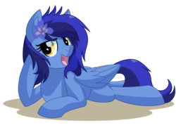 Size: 1024x745 | Tagged: safe, artist:itstaylor-made, oc, oc only, oc:iris difloret, pegasus, pony, bed hair, female, flower, iris (flower), mare, prone, solo