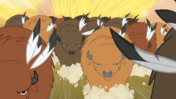 Size: 1280x720 | Tagged: safe, screencap, bison, buffalo, g4, over a barrel, season 1, feather, herd, speed lines, stampede, unnamed buffalo, unnamed character