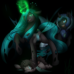 Size: 1600x1600 | Tagged: safe, artist:katiefrog217, queen chrysalis, oc, oc:quiet step, changeling, changeling queen, g4, crying, female