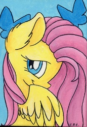Size: 3368x4896 | Tagged: safe, artist:cutepencilcase, fluttershy, butterfly, g4, acrylic painting, covering, female, looking at you, portrait, profile, shy, smiling, solo, spread wings, traditional art