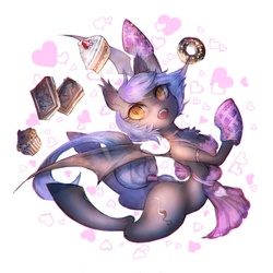 Size: 2000x2000 | Tagged: safe, artist:girlsay, oc, oc only, oc:panne, bat pony, pony, apron, bread, cake, chocolate, clothes, cupcake, donut, fangs, female, food, heart, high res, mare, open mouth, oven mitt, solo, tail bow