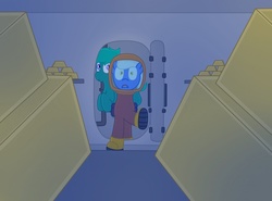 Size: 1280x949 | Tagged: safe, artist:minty candy, oc, oc only, oc:depth charge, oc:static charge, earth pony, pony, sea pony, fallout equestria, fallout equestria: empty quiver, diving suit, door, gold ingot, shocked, story, submarine, treasure, underwater