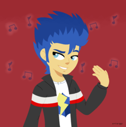 Size: 906x913 | Tagged: dead source, safe, artist:a-r-i-a-1997, flash sentry, a banner day, equestria girls, g4, bedroom eyes, bishonen, clothes, humanized, jacket, love in a flash, male, music notes, scene interpretation, shit eating grin, smiling, solo, stupid sexy flash sentry