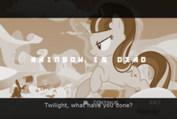 Size: 961x648 | Tagged: safe, edit, edited screencap, screencap, fluttershy, hoops, rainbow dash, starlight glimmer, g4, the cutie re-mark, friendly fire, implied twilight sparkle, metal gear, metal gear solid, metal gear solid 3, offscreen character, parody, sepia, time paradox, younger