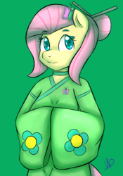 Size: 1645x2349 | Tagged: safe, artist:wolfy-pony, fluttershy, anthro, g4, chinese, chopsticks in hair, clothes, cute, female, kimono (clothing), looking at you, solo