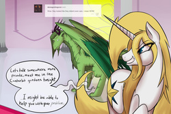 Size: 1280x853 | Tagged: safe, artist:professor-ponyarity, prince blueblood, oc, oc:rye, dragon, pony, unicorn, tumblr:ask rye dimar dragon, g4, comic, princess, princess bluebelle, rule 63, tumblr