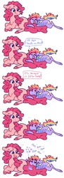 Size: 850x2346 | Tagged: safe, artist:ditzyshipper, pinkie pie, rainbow dash, earth pony, pegasus, pony, g4, ..., biting, cotton candy, cotton candy tail, cute, dashabetes, diapinkes, duo, eating, female, fluffy, heart, hnnng, lesbian, mare, munching, nom, ship:pinkiedash, shipping, wat, ñ