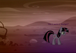 Size: 1026x726 | Tagged: safe, twilight sparkle, pony, unicorn, fallout equestria, a canterlot wedding, g4, the cutie re-mark, alternate timeline, apocalypse, ashlands timeline, bad end, barren, comic sans, crying, fanfic, fanfic art, female, hooves, horn, implied genocide, mare, ministry of peace, post-apocalyptic, sad, solo, unicorn twilight, wasteland