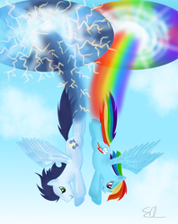 Size: 1024x1293 | Tagged: safe, artist:northlights8, rainbow dash, soarin', pony, g4, female, male, ship:soarindash, shipping, sonic rainboom, straight