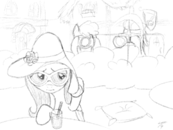 Size: 1024x768 | Tagged: safe, artist:topgull, fluttershy, g4, green isn't your color, camera, disguise, glasses, hat, monochrome